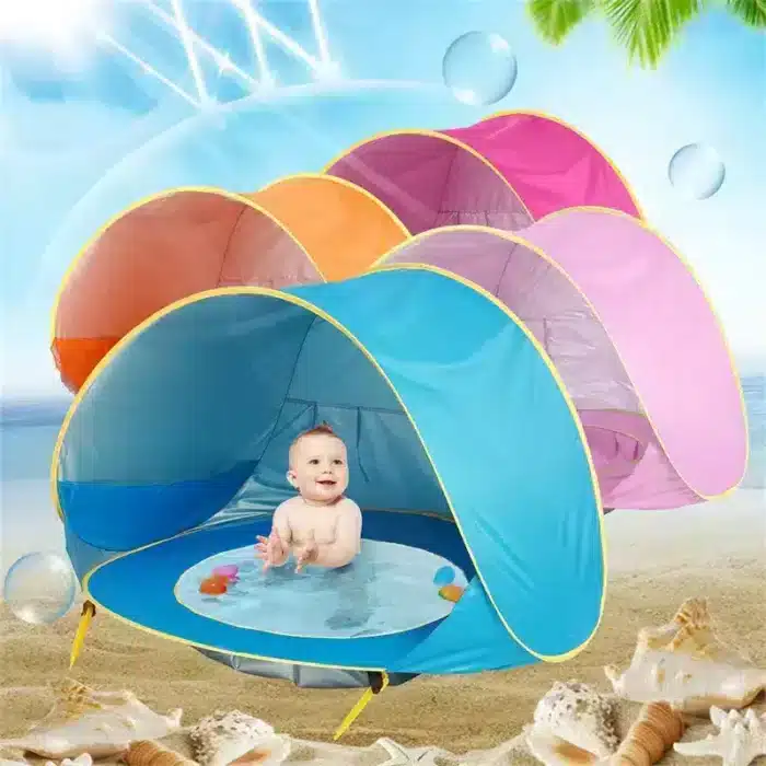 אוהל חוף מתקפל עם בריכה לילדים